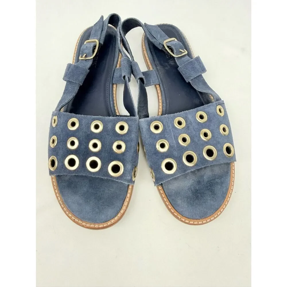 J. Crew Blue Suede Leather Gold Grommet Slingback Nautical Flat Sandals
